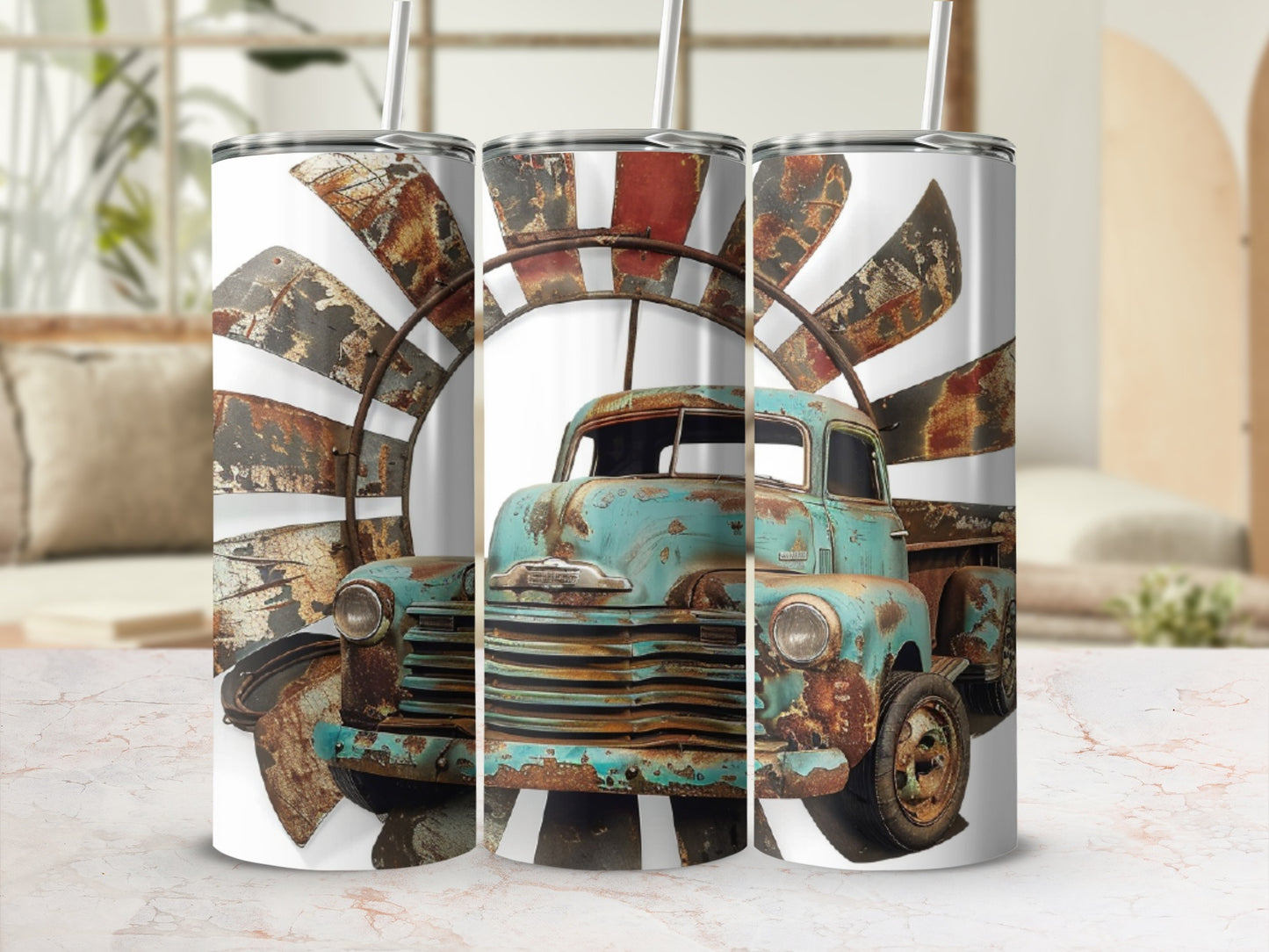 Rusty turquoise vintage truck with sunburst background.