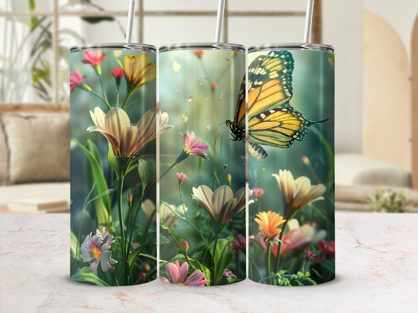 Yellow monarch butterfly among blooming wildflowers with a matte finish.
