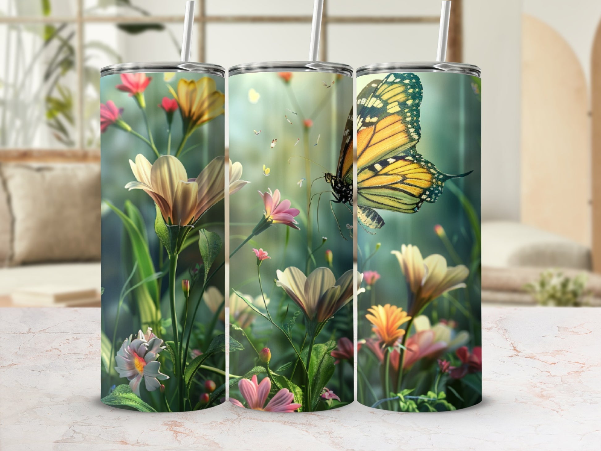 Yellow monarch butterfly among blooming wildflowers with a matte finish.