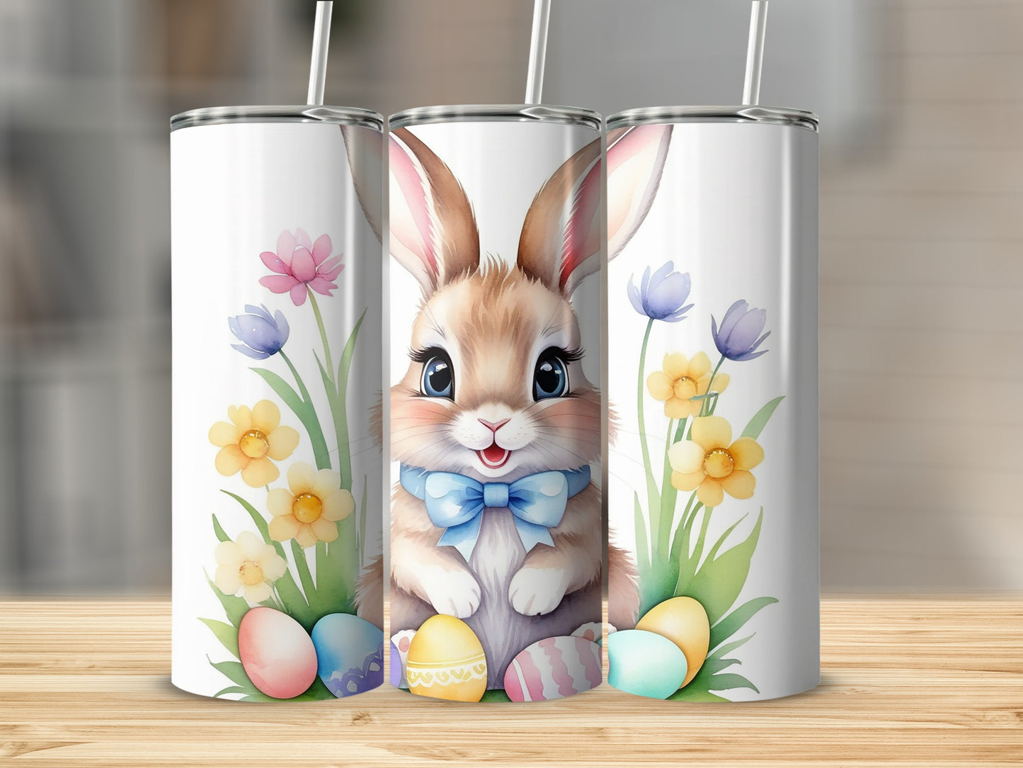 Watercolor Easter bunny with blue bow, colorful eggs, and flowers on a white background.