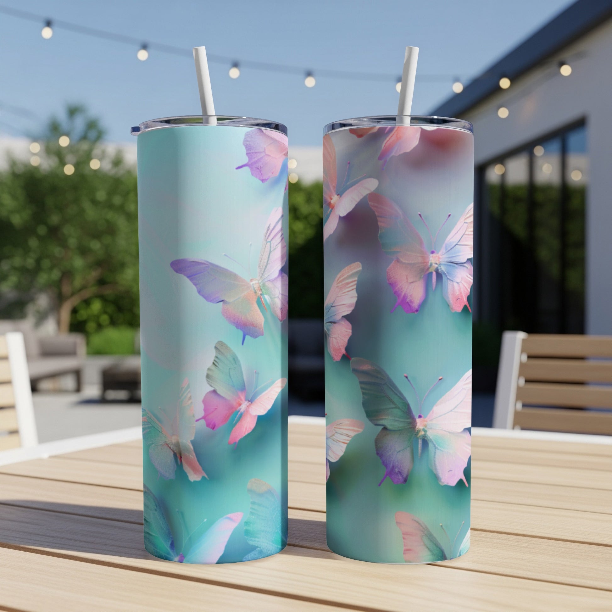 Two tall tumblers with iridescent butterfly designs sit on a wooden table.