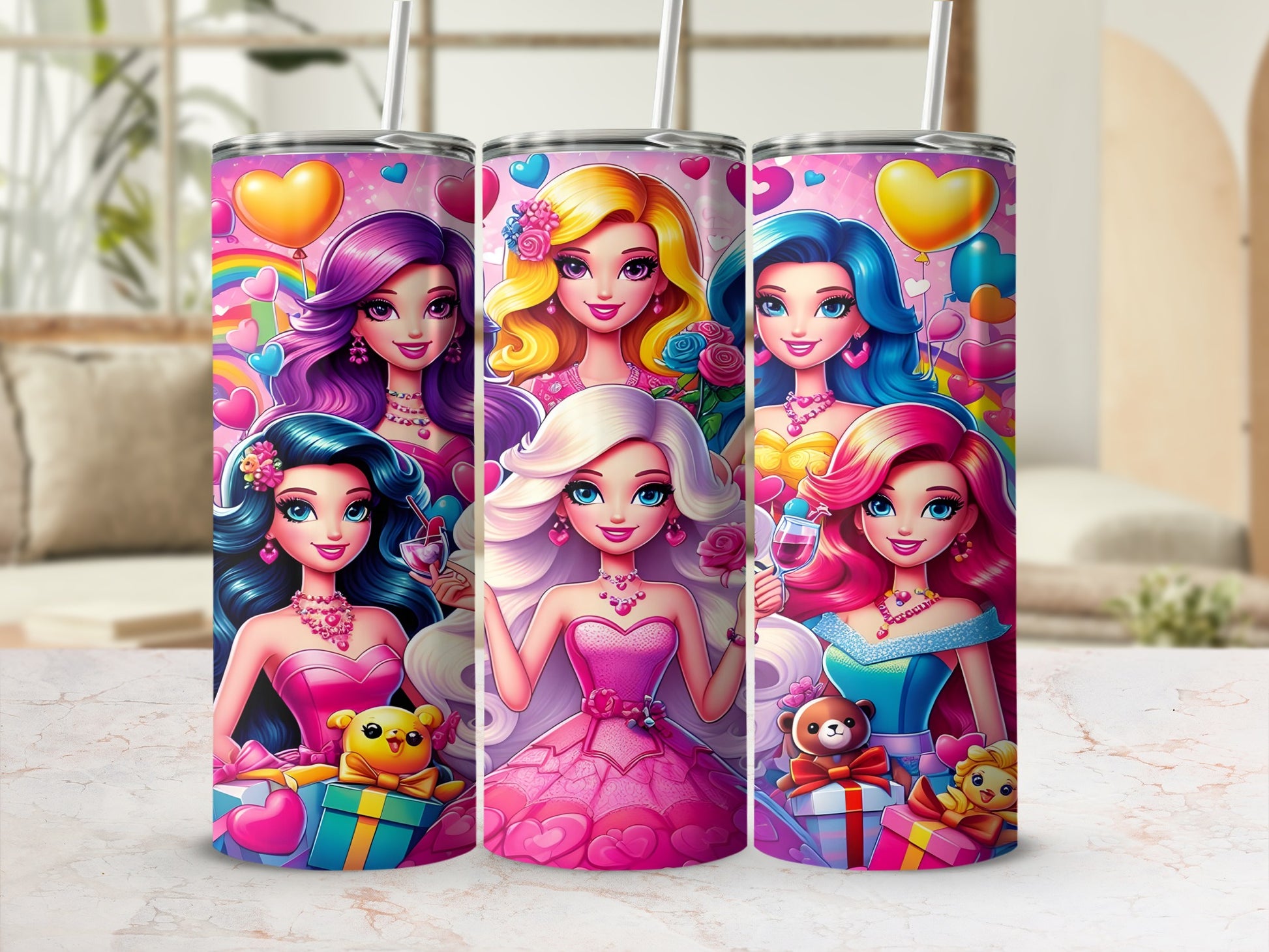 Three Barbie dolls in pink dresses with presents and balloons.