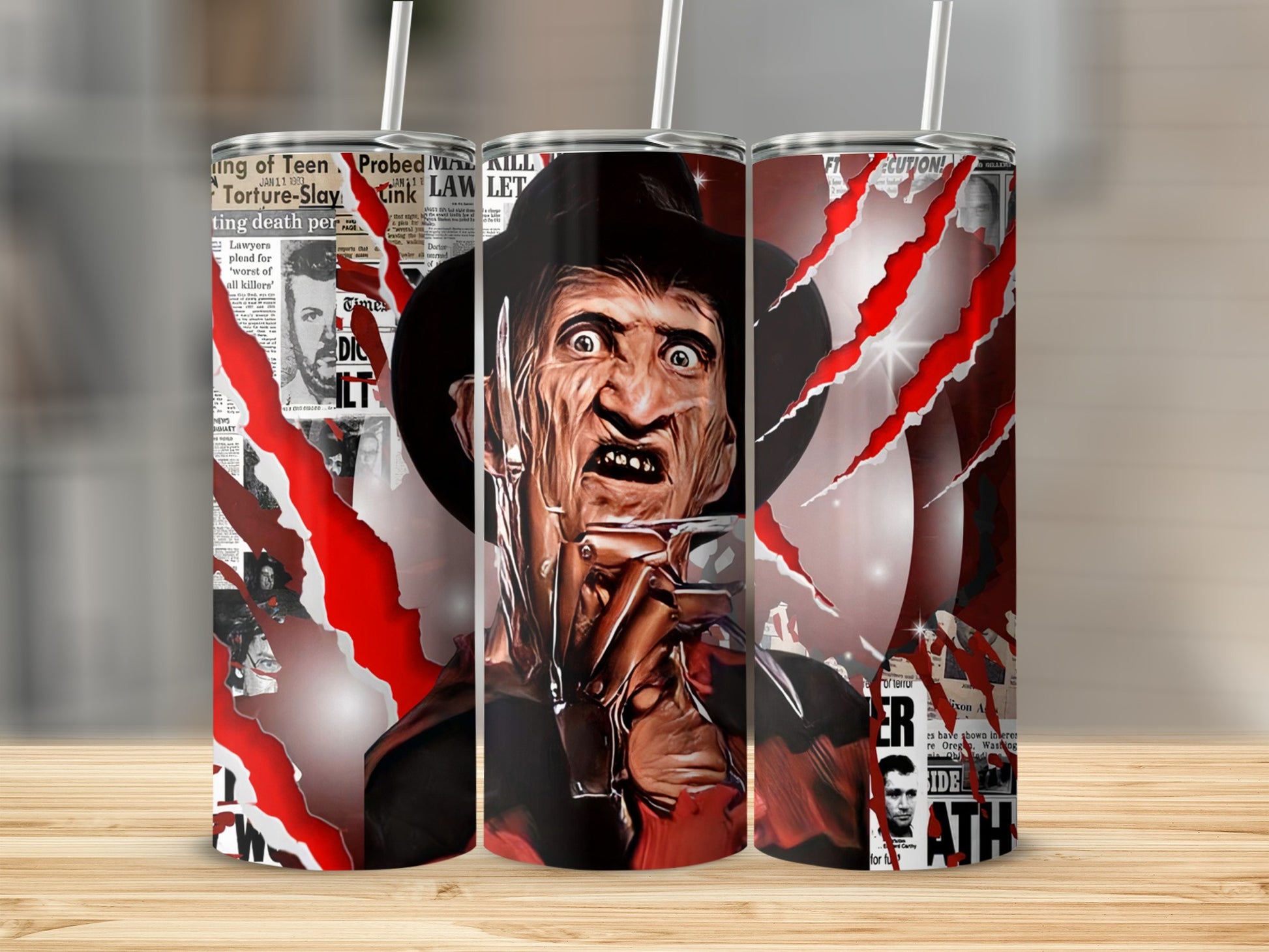 Three tumblers featuring Freddy Krueger, ripped newspaper headlines, and claw marks.