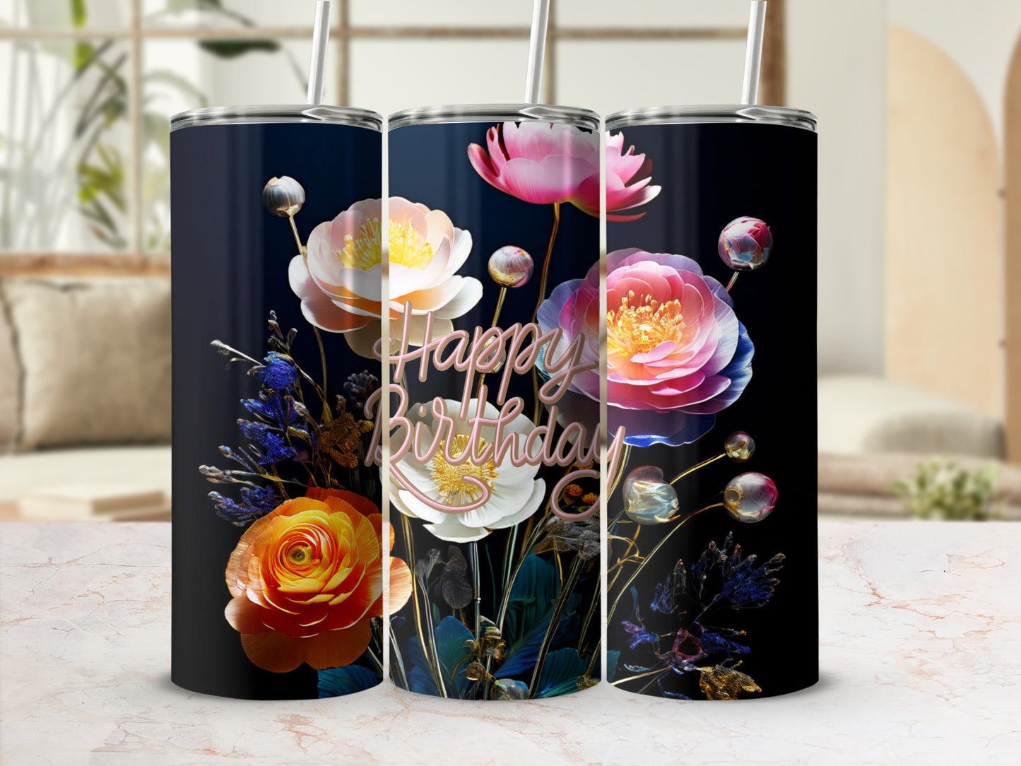 Floral Happy Birthday tumbler with straw.