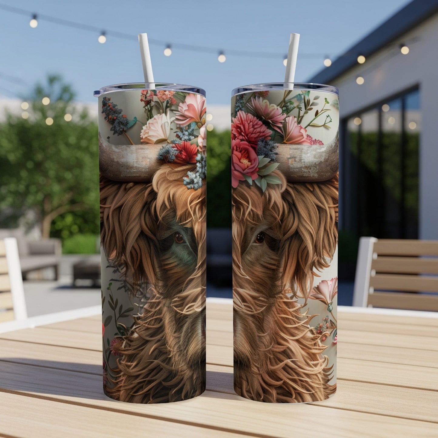 Two Highland cows with floral accents on tumblers on a table.