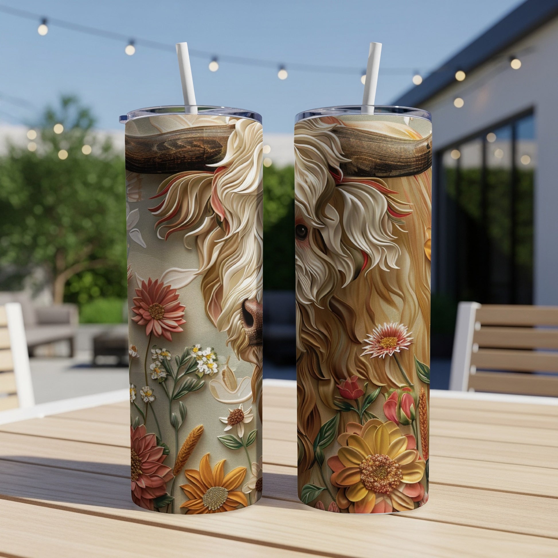 Two tumblers with a Highland cow and floral design sit on a wooden table.