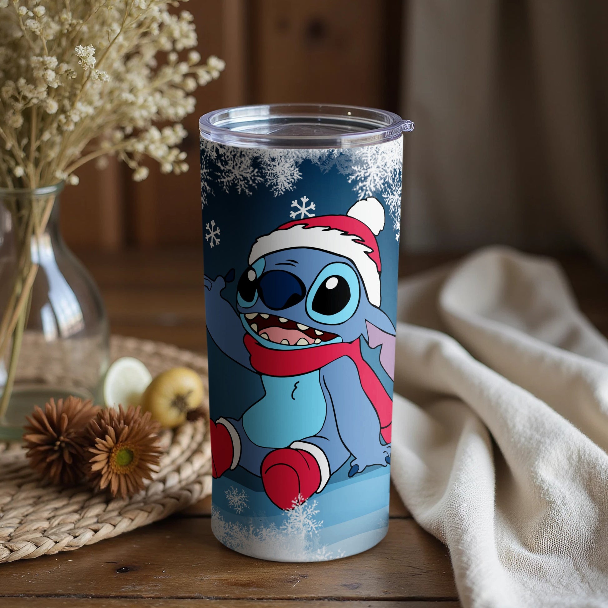 Festive Blue Character Tumbler with Snowflakes Pattern