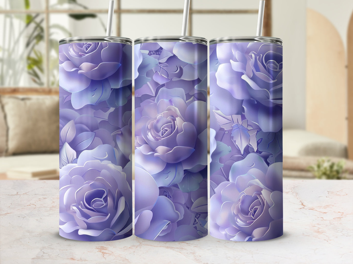 Three lavender floral tumblers with reusable straws on a marbled surface.