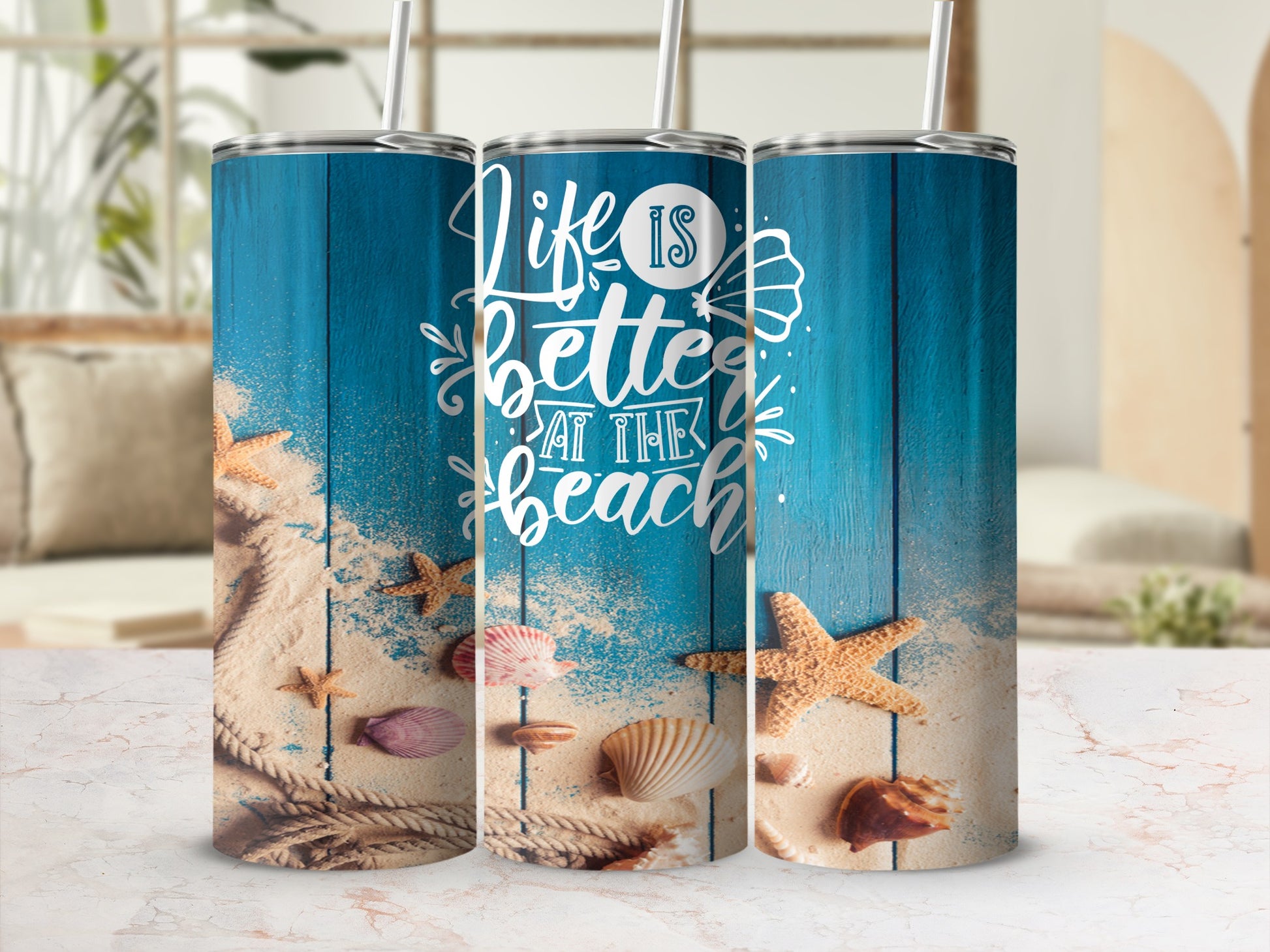 Beach-themed tumbler with "Life is better at the beach" text and nautical elements.