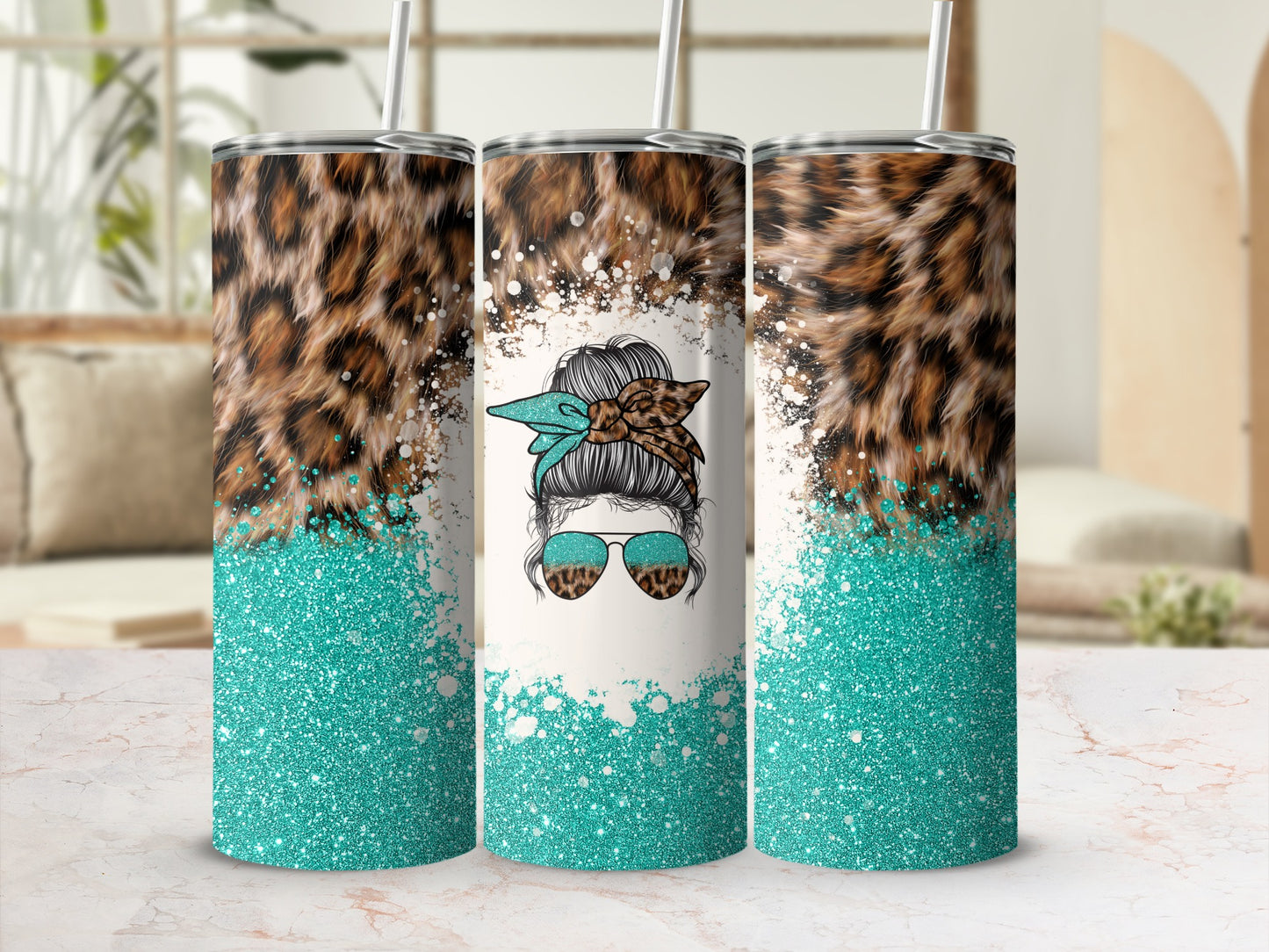 Leopard print and turquoise glitter tumbler with messy bun graphic.