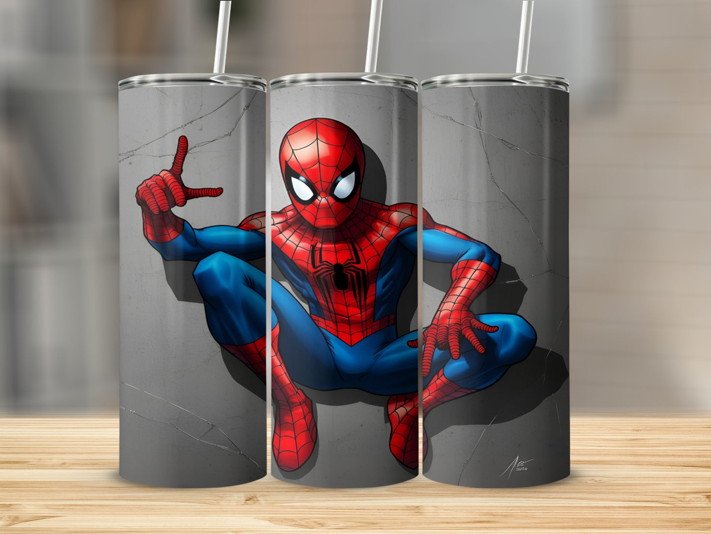 Spider-Man in iconic pose on a grey cracked concrete background.