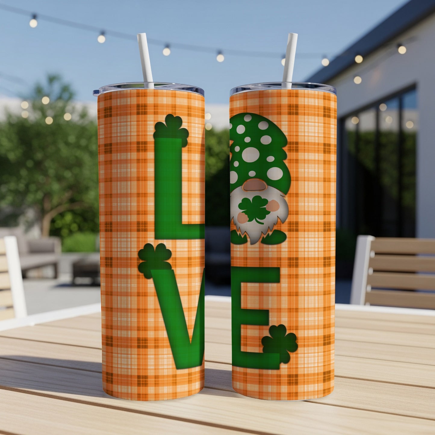 Two St. Patrick's Day themed tumblers with a plaid pattern and gnome.