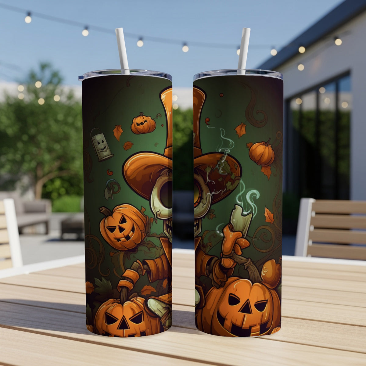 Two tumblers featuring a cartoon skeleton, pumpkins, and autumn leaves.