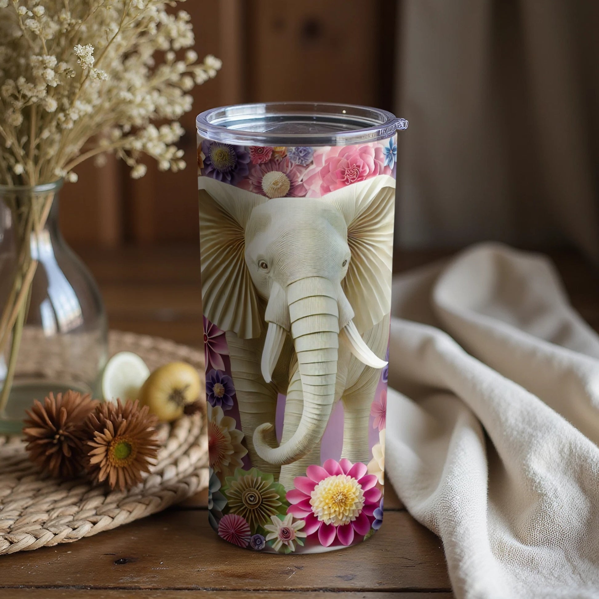 Elephant Floral Design Insulated Tumbler Cup
