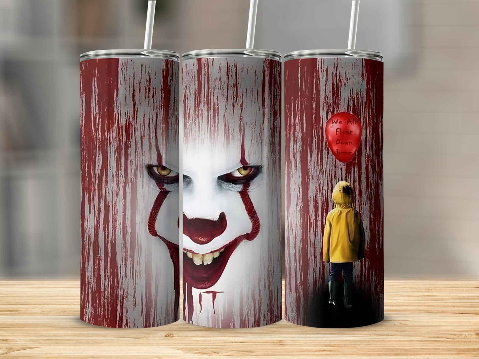 Three tumblers with Pennywise the clown and Georgie holding a red balloon.