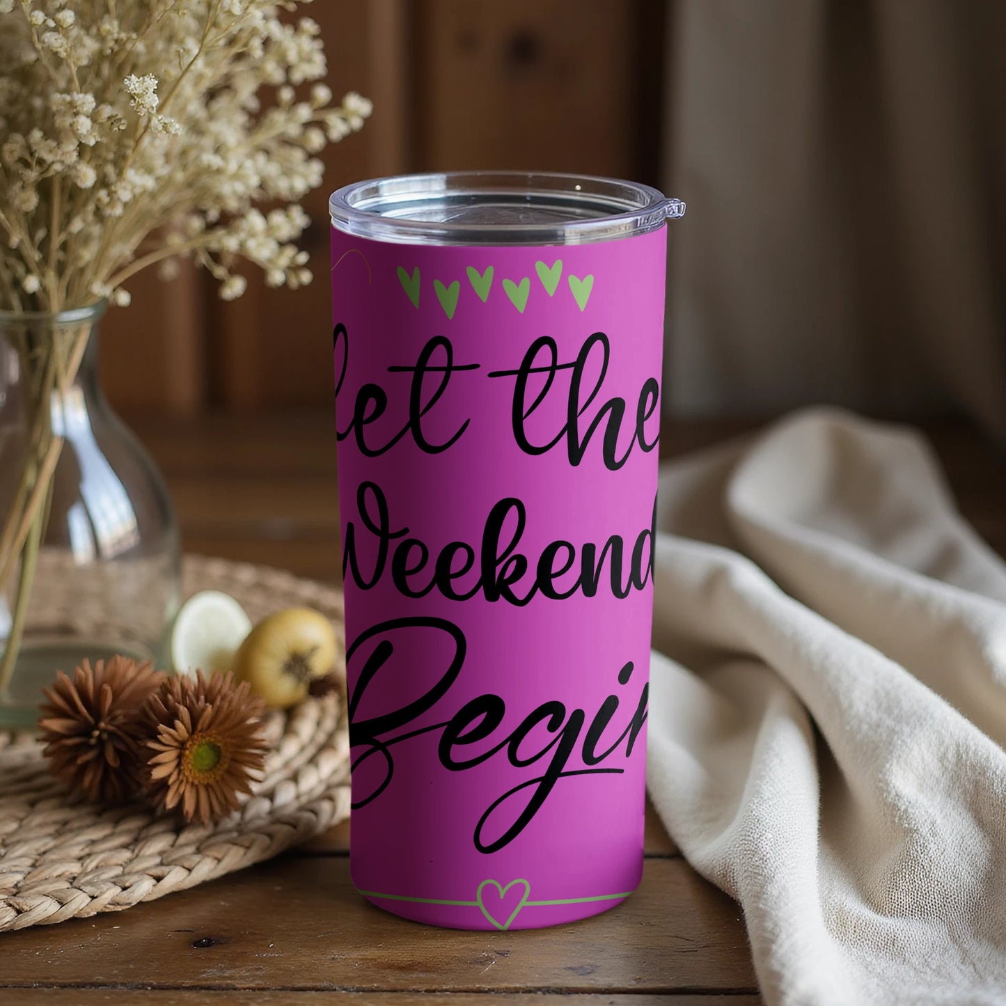 Let the Weekend Begin Purple Tumbler with Hearts