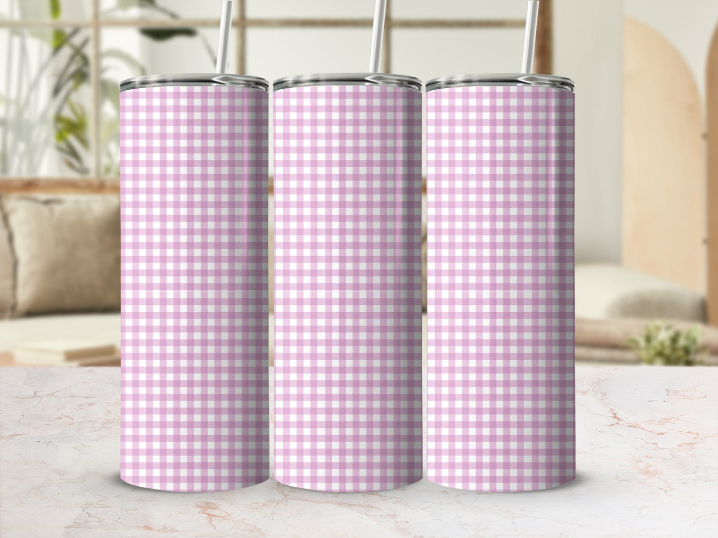 Three tall, slim tumblers with pink and white gingham pattern.