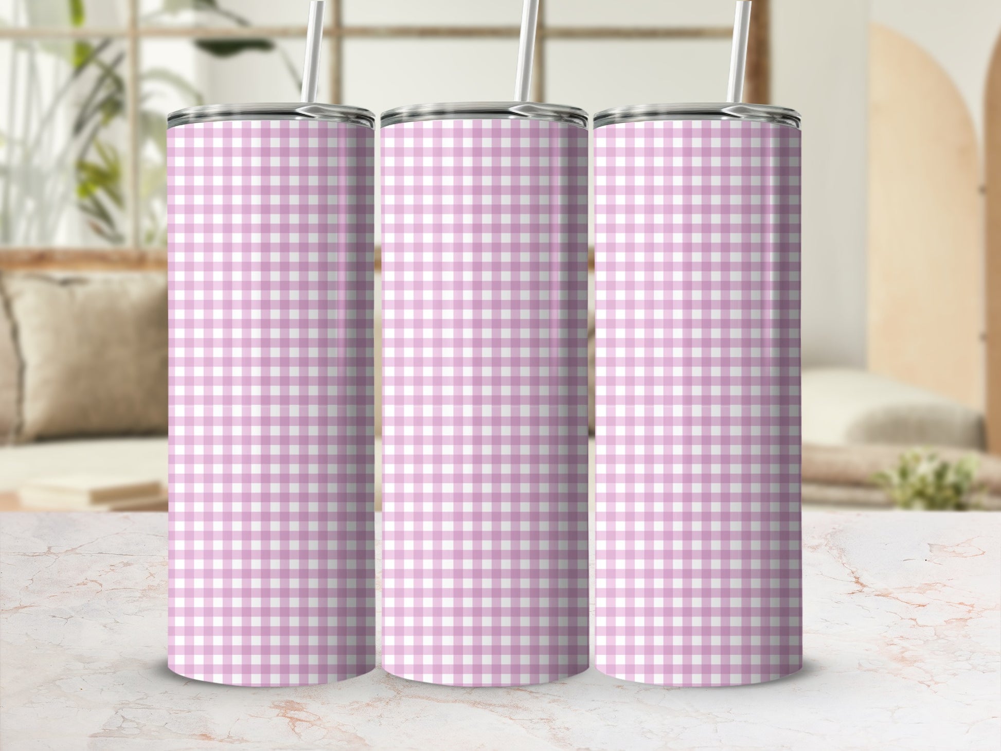 Three tall, slim tumblers with pink and white gingham pattern.