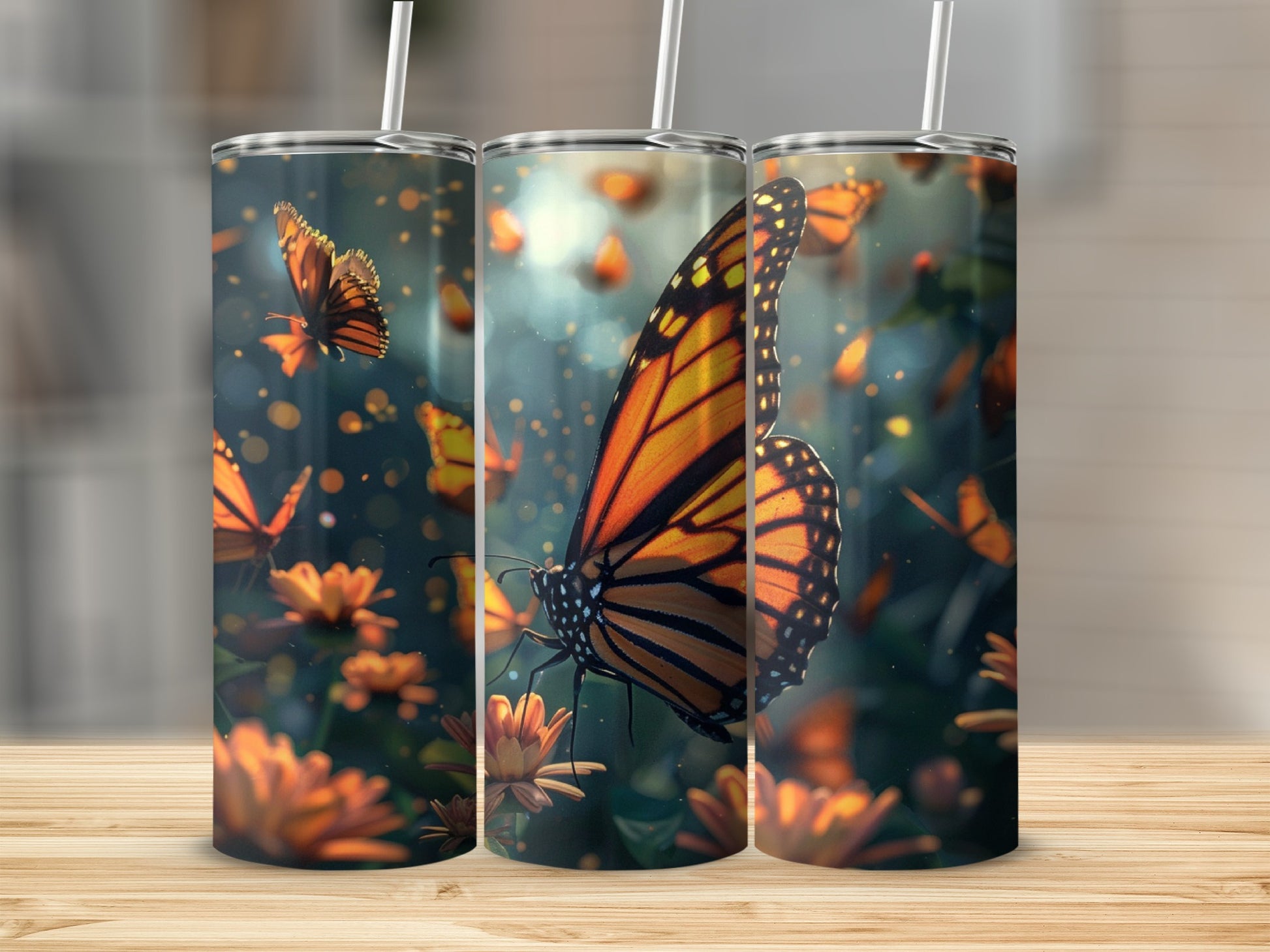 Monarch butterflies flying among orange flowers, with straw in tumbler.