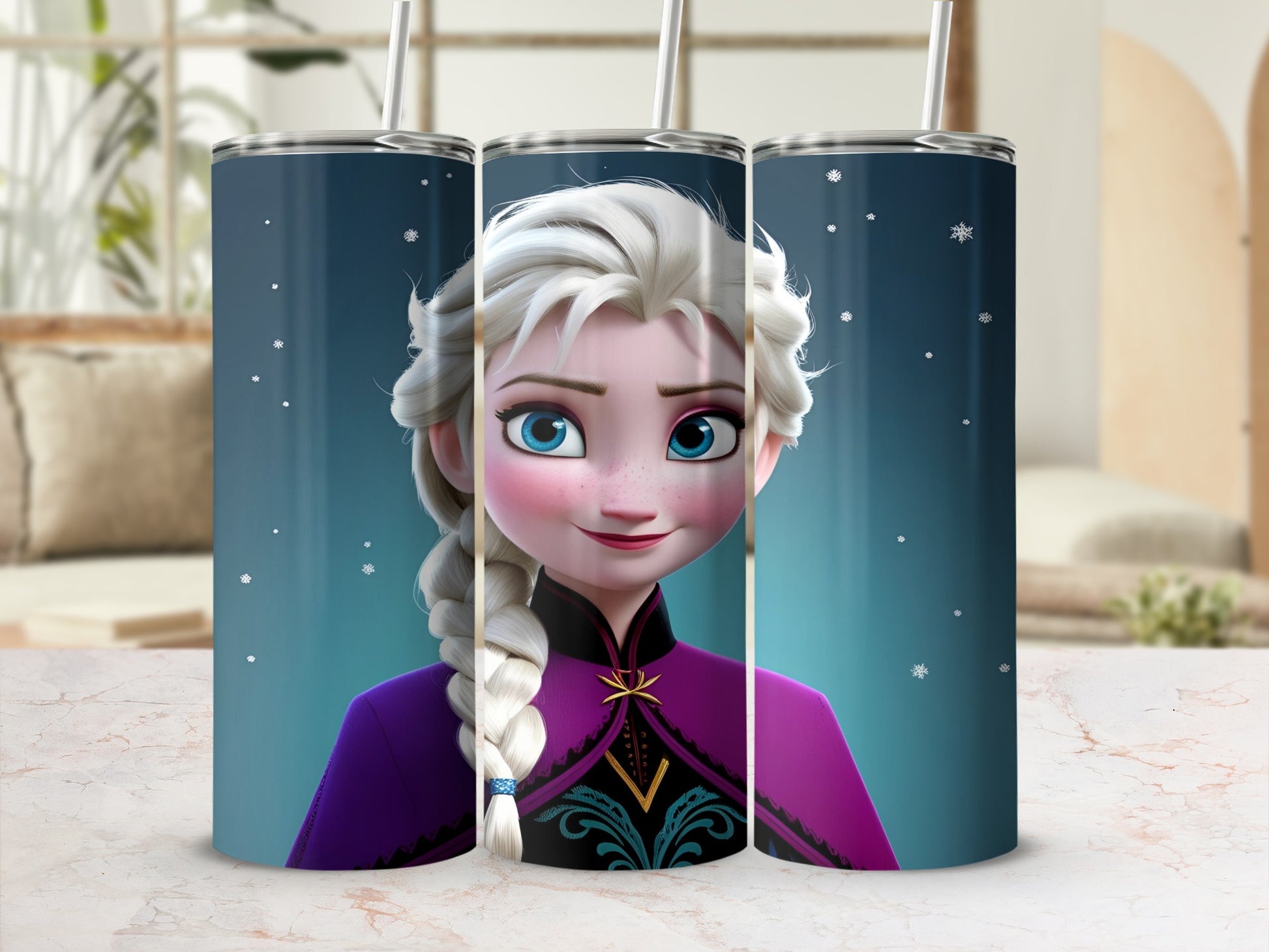 Elsa from Frozen with braided hair on a blue, snowy background.
