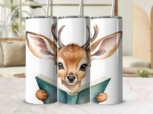 Deer reading a book on a tumbler.