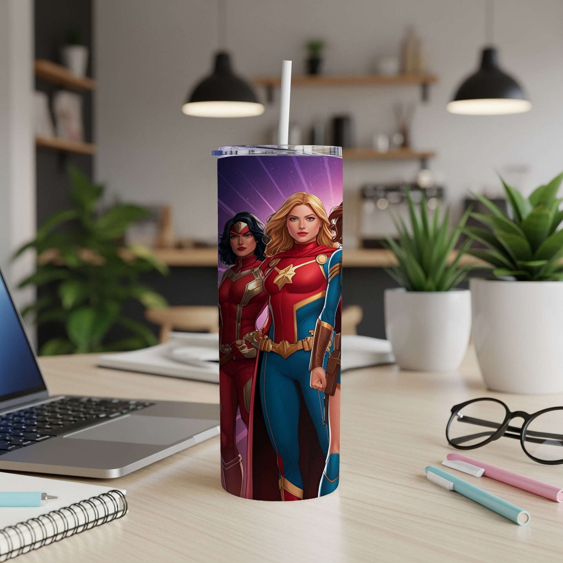 Captain Marvel and Wonder Woman on a purple starry background, on a tumbler.
