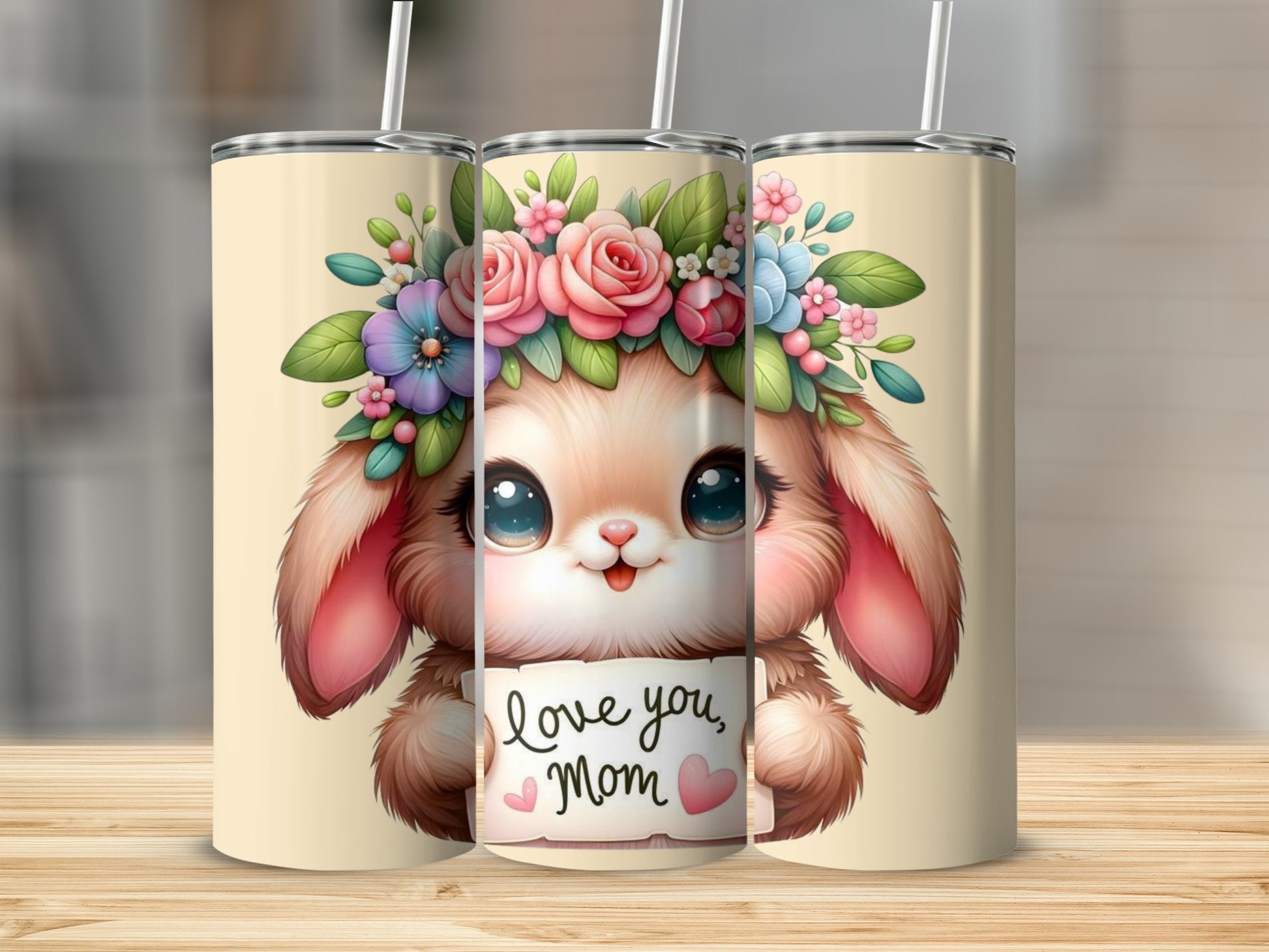 Cute Bunny with Floral Crown Love You Mom tumbler