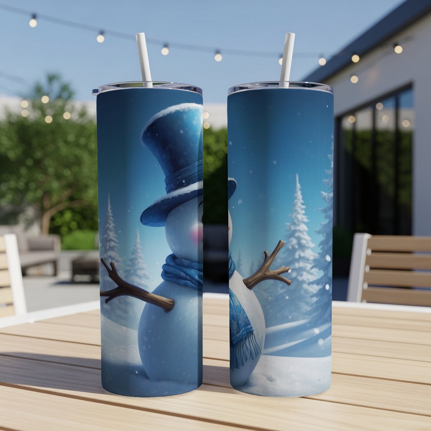 Snowman in blue hat and scarf with winter trees, on a blue background.