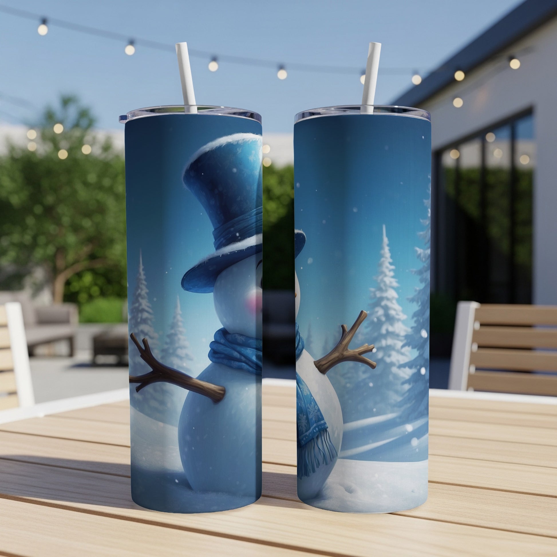 Snowman in blue hat and scarf with winter trees, on a blue background.
