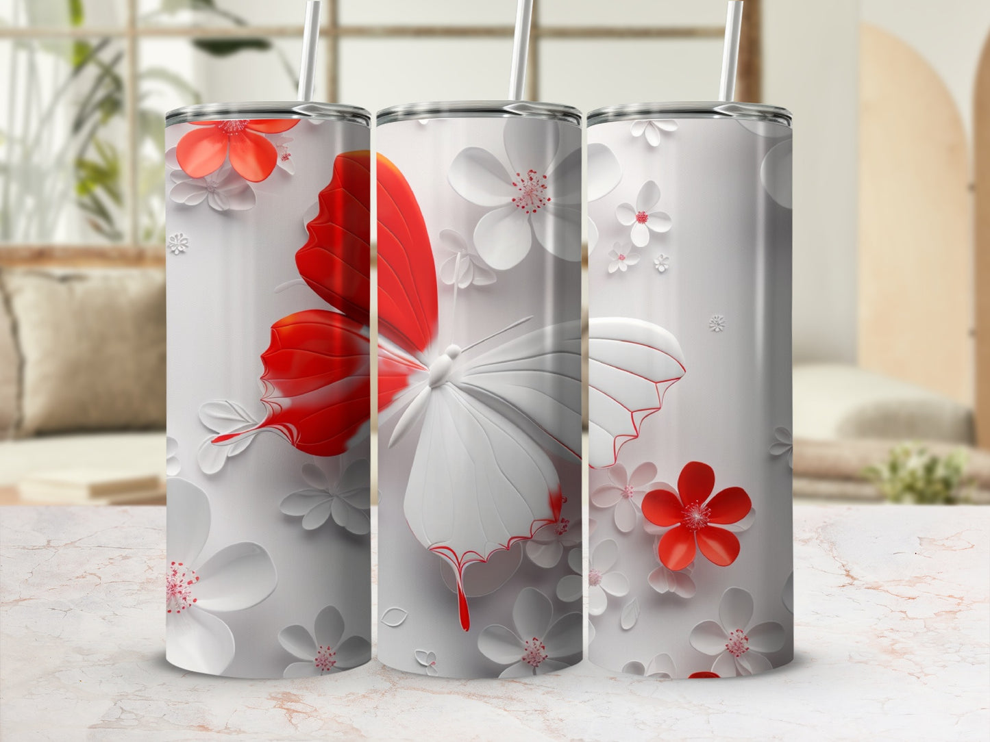 Tumbler with large red and white butterfly and floral design.