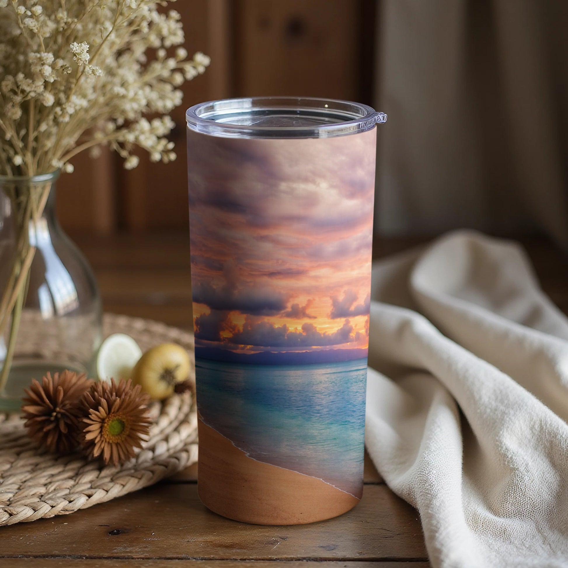 Coastal Sunset Tumbler with Tropical Ocean Scene