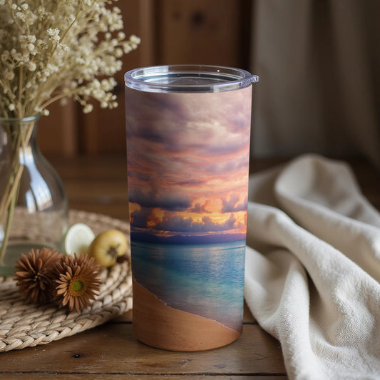 Coastal Sunset Tumbler with Tropical Ocean Scene