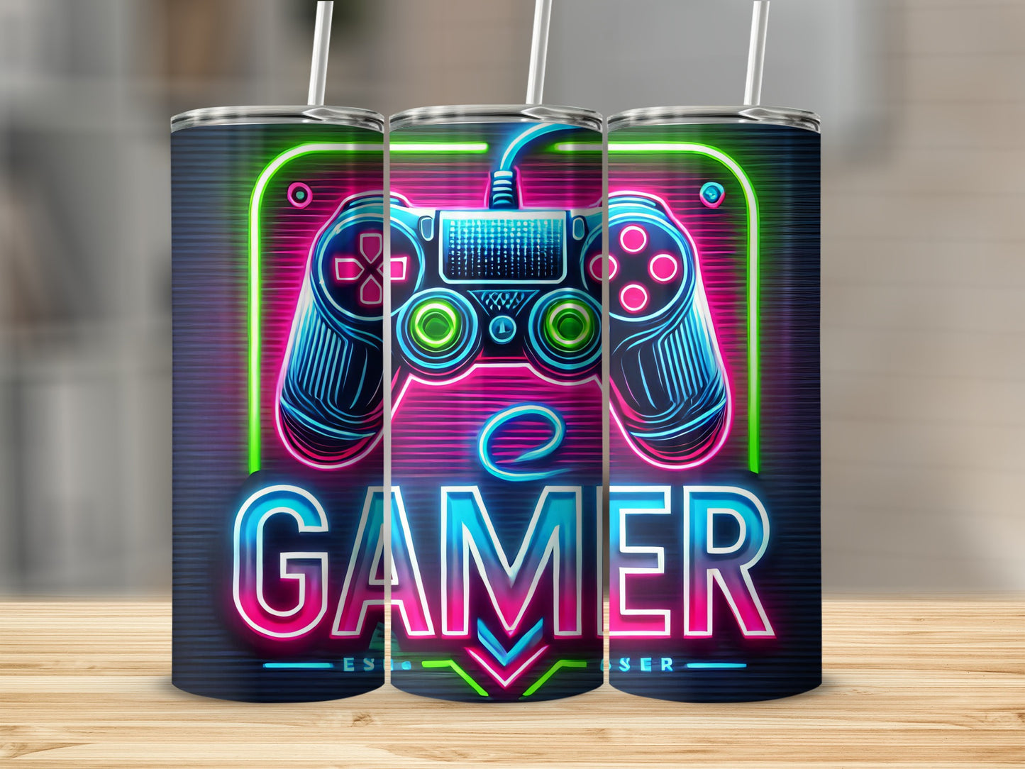 Neon gamer controller with "GAMER" text, on a tumbler.