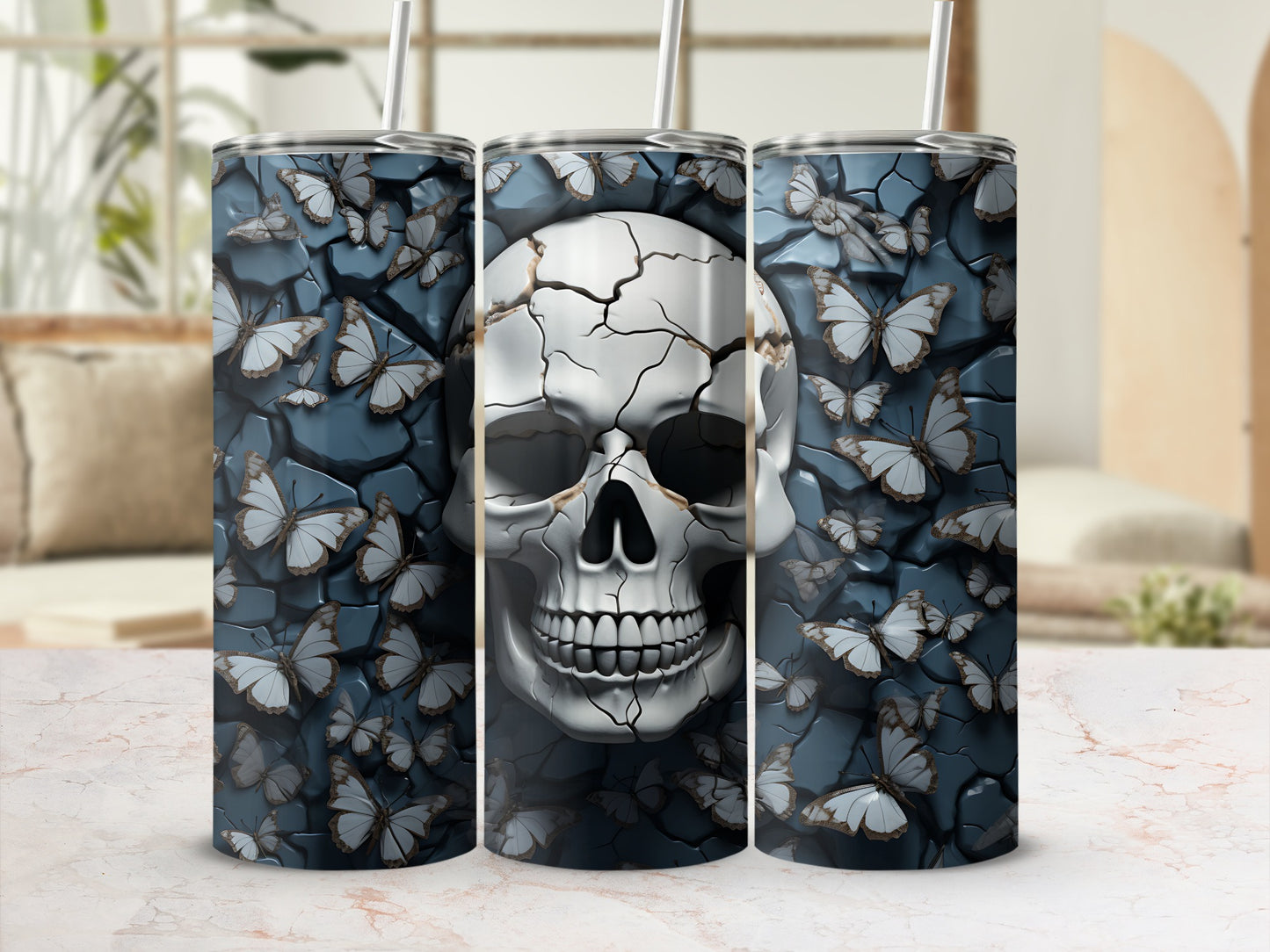 Cracked skull and butterflies on a tumbler, set against a blurred background.