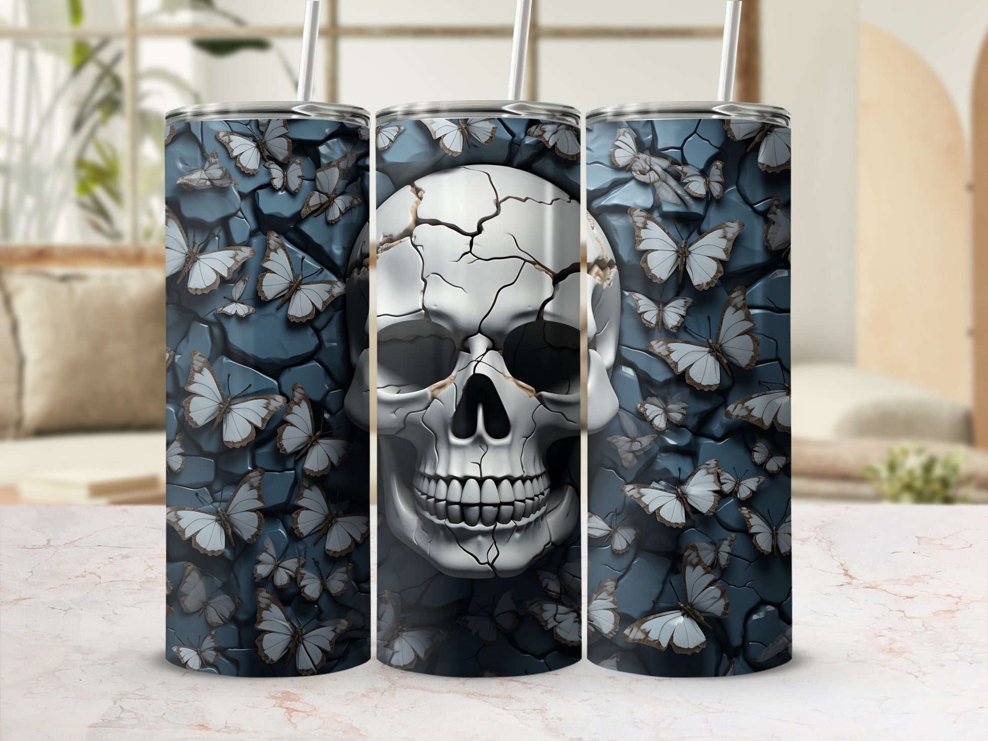 Cracked skull and butterflies on a tumbler, set against a blurred background.