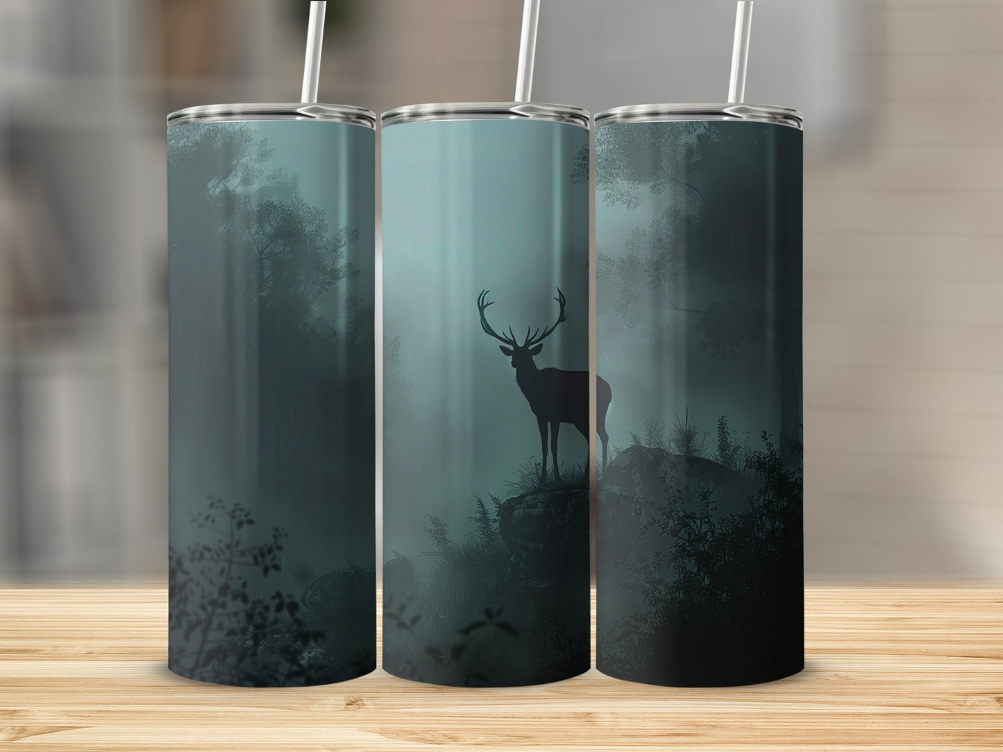 Misty Forest Deer Silhouette Wilderness Scenic Tumbler product type