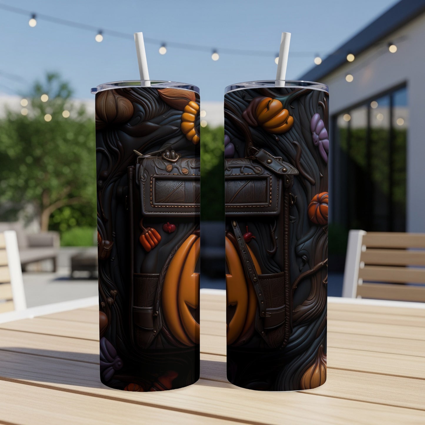 Two tumblers with a Halloween design featuring pumpkins, bats, and leather accents.