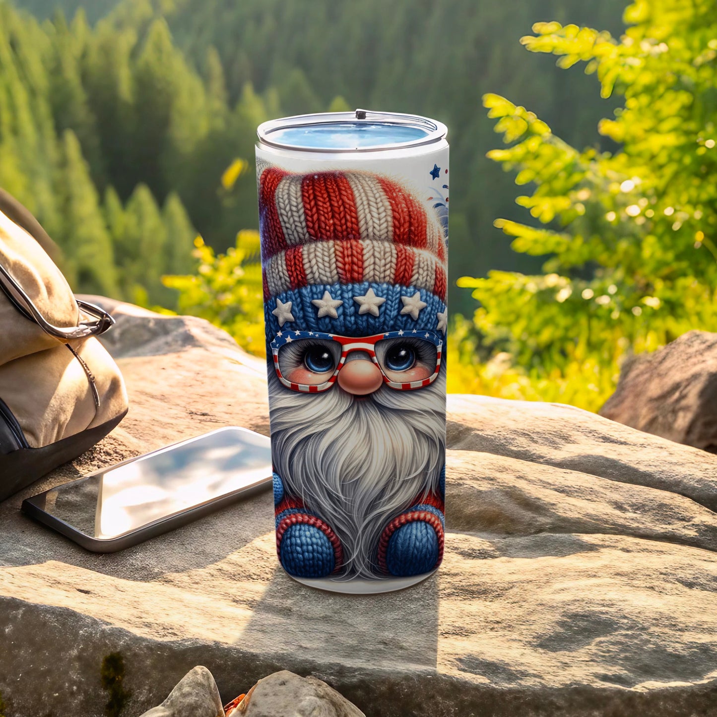 Patriotic gnome tumbler with stars and stripes hat and glasses.