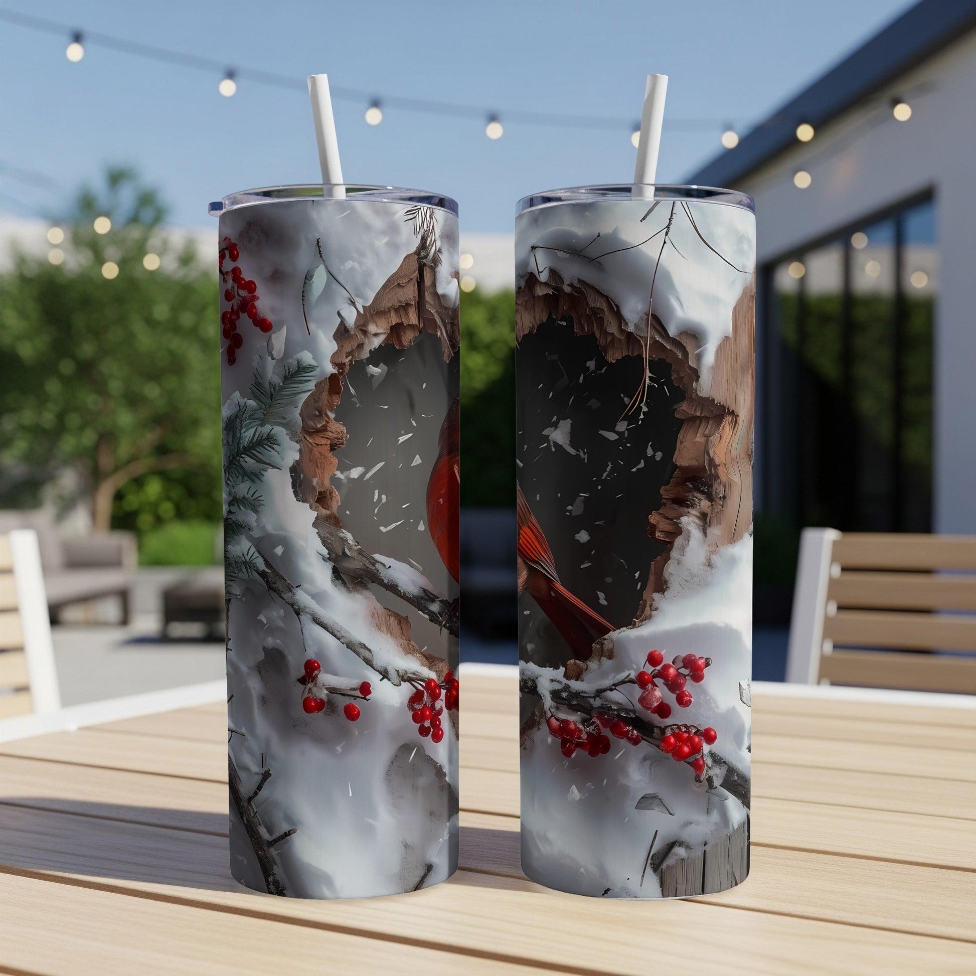 Cardinal bird in a snowy tree hollow, on a winter-themed tumbler.