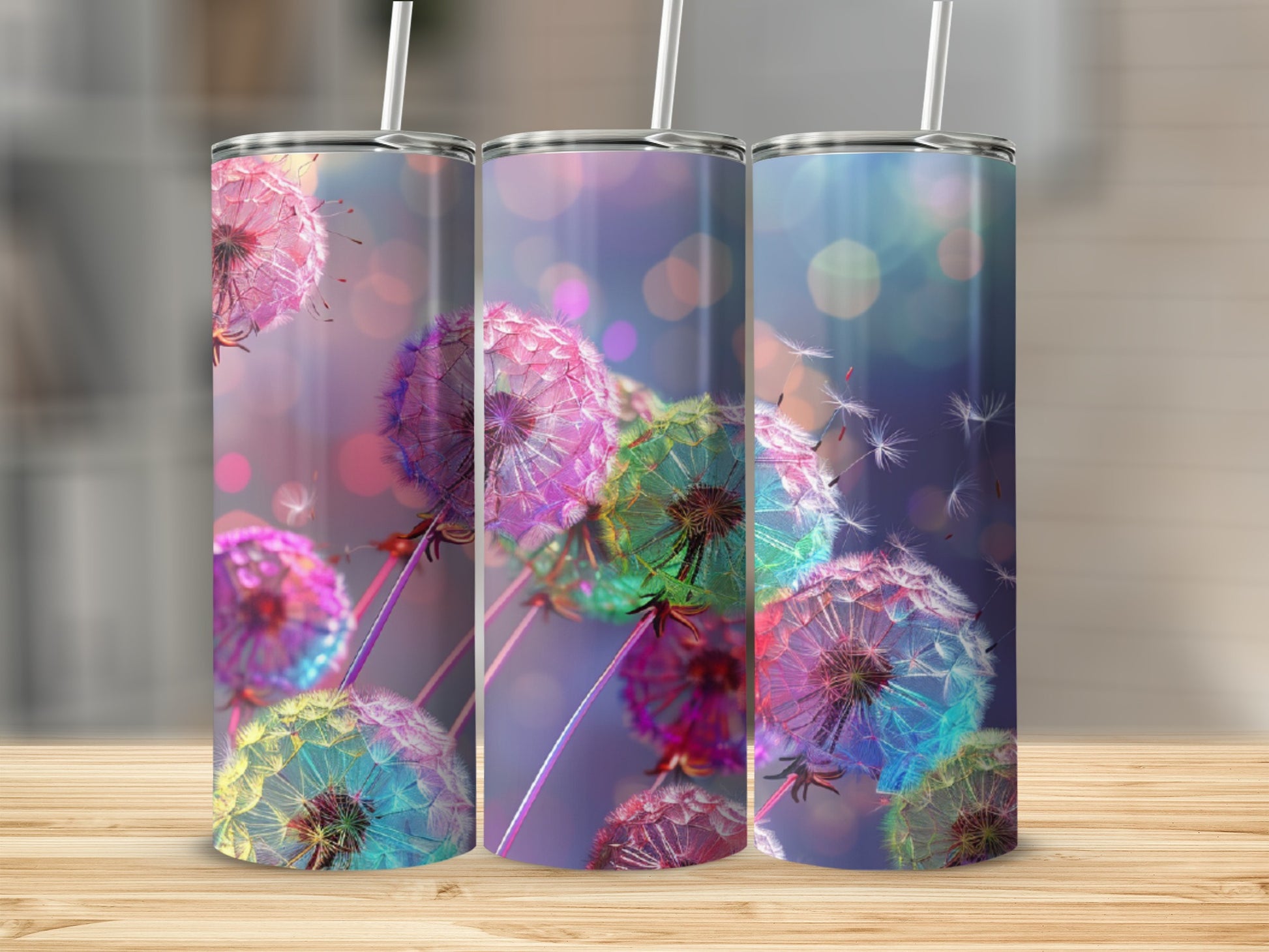Dandelion seed heads with rainbow colors on a blurred background.