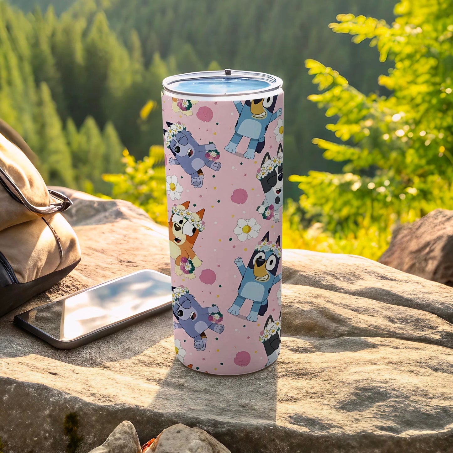 Cute Cartoon Characters Pink Tumbler with Lid Travel Mug