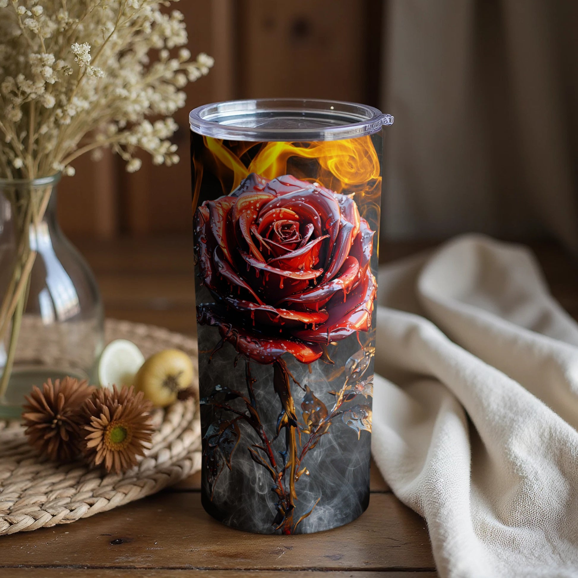 Fiery Red Rose Design Tumbler for Beverage Lovers