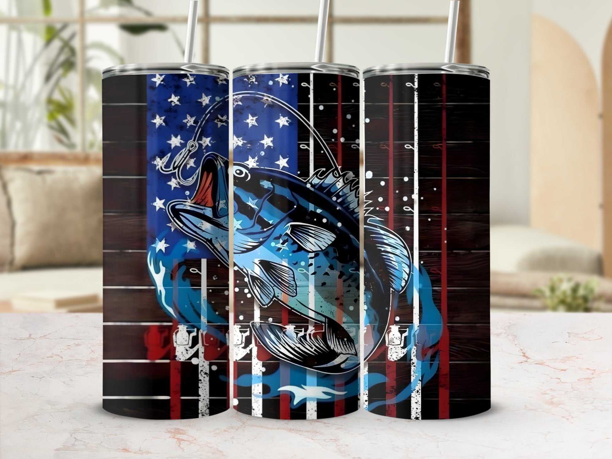Fishing tumbler with American flag and leaping bass design.