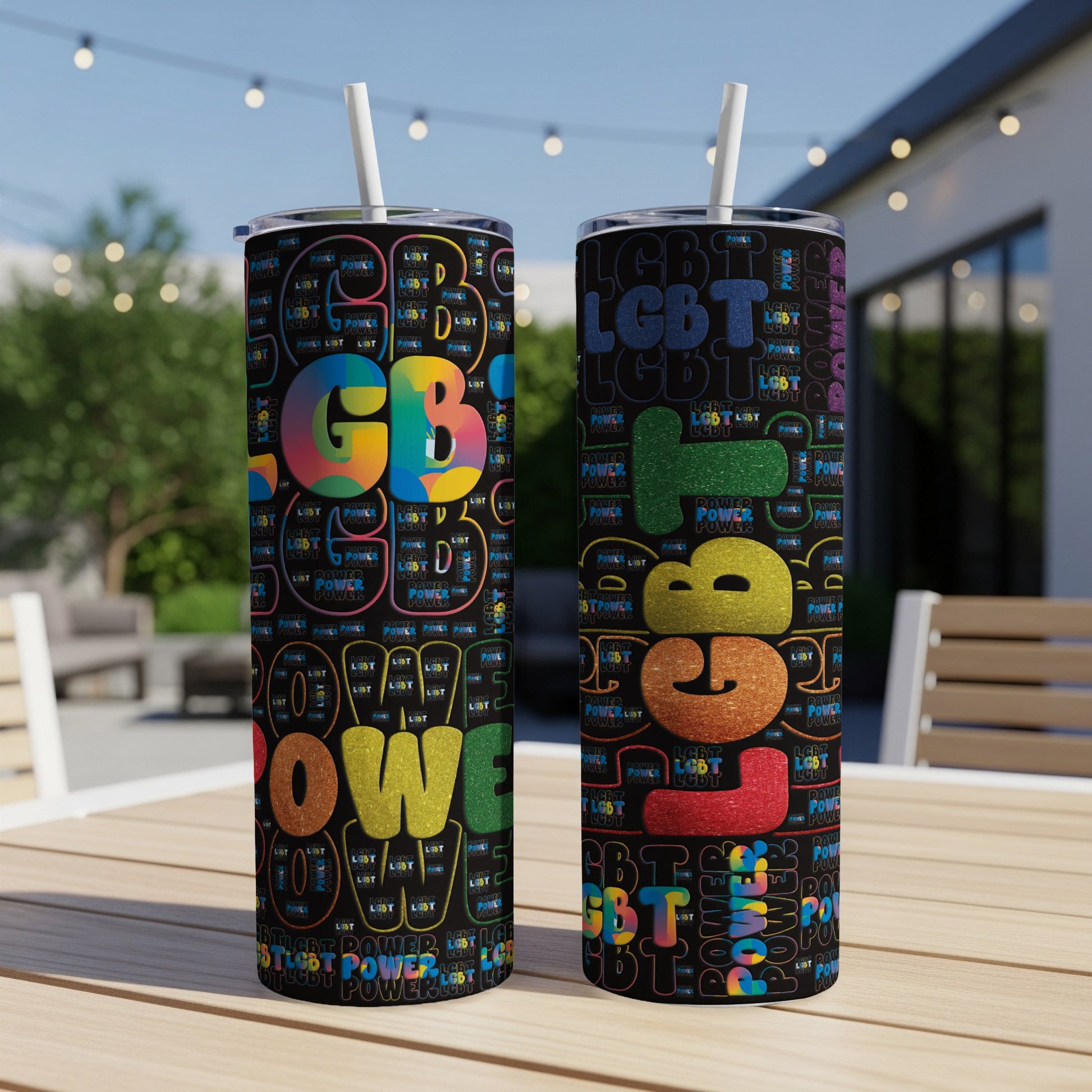 Tumbler with repeating "LGBT Power" text and rainbow letter accents.