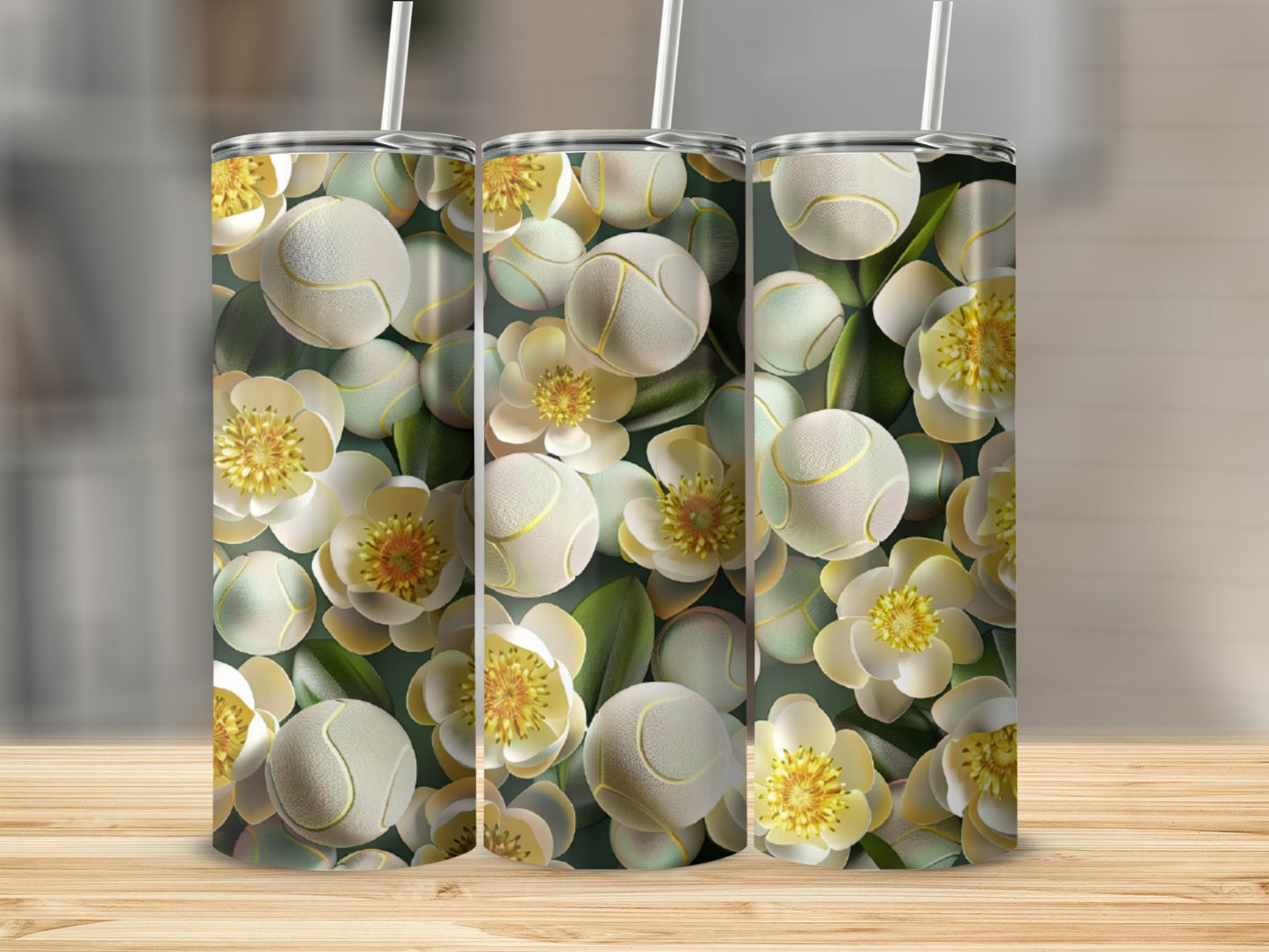 Three tumblers with a floral and tennis ball pattern.