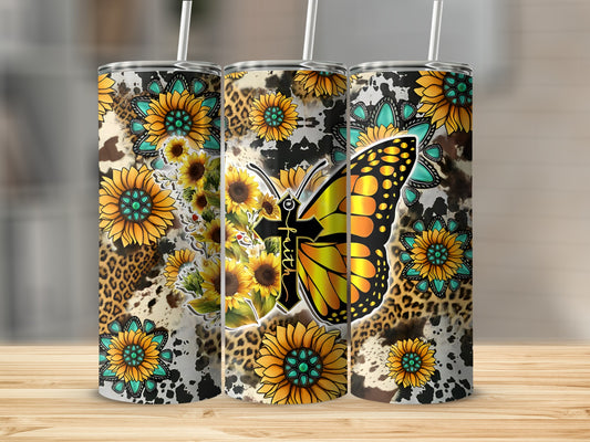 Sunflower and butterfly tumbler with "faith" text and leopard print.