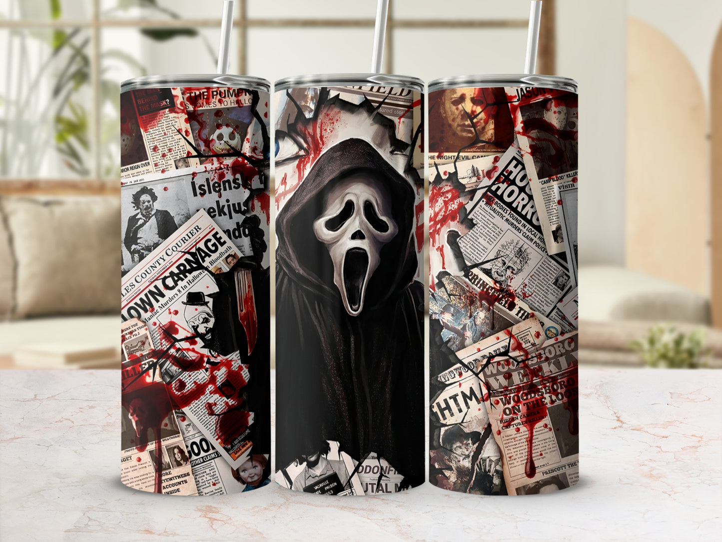 Ghostface mask tumbler with newsprint collage of horror movie headlines.