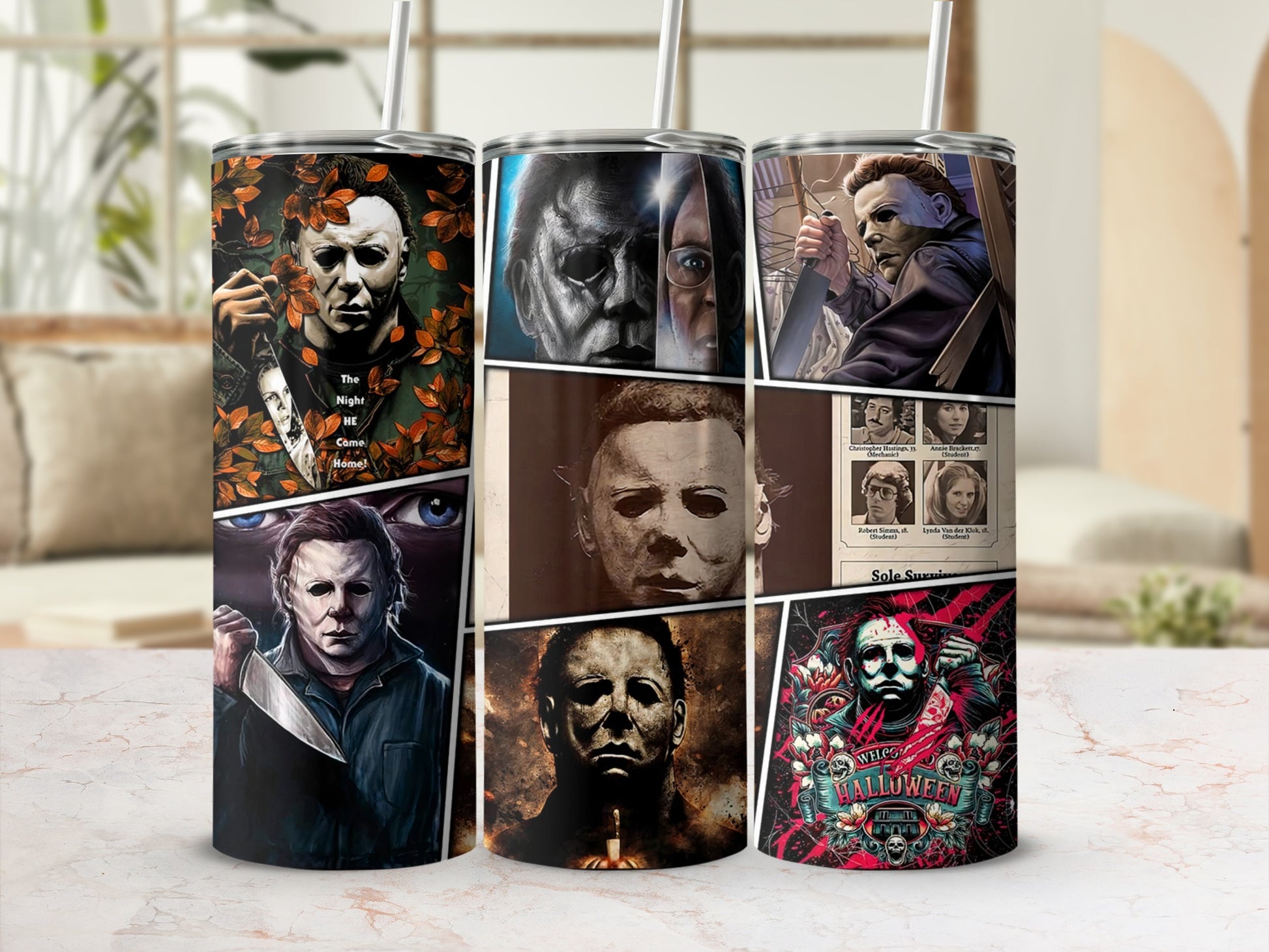 Michael Myers collage with "The Night He Came Home!" and "Welcome Halloween".