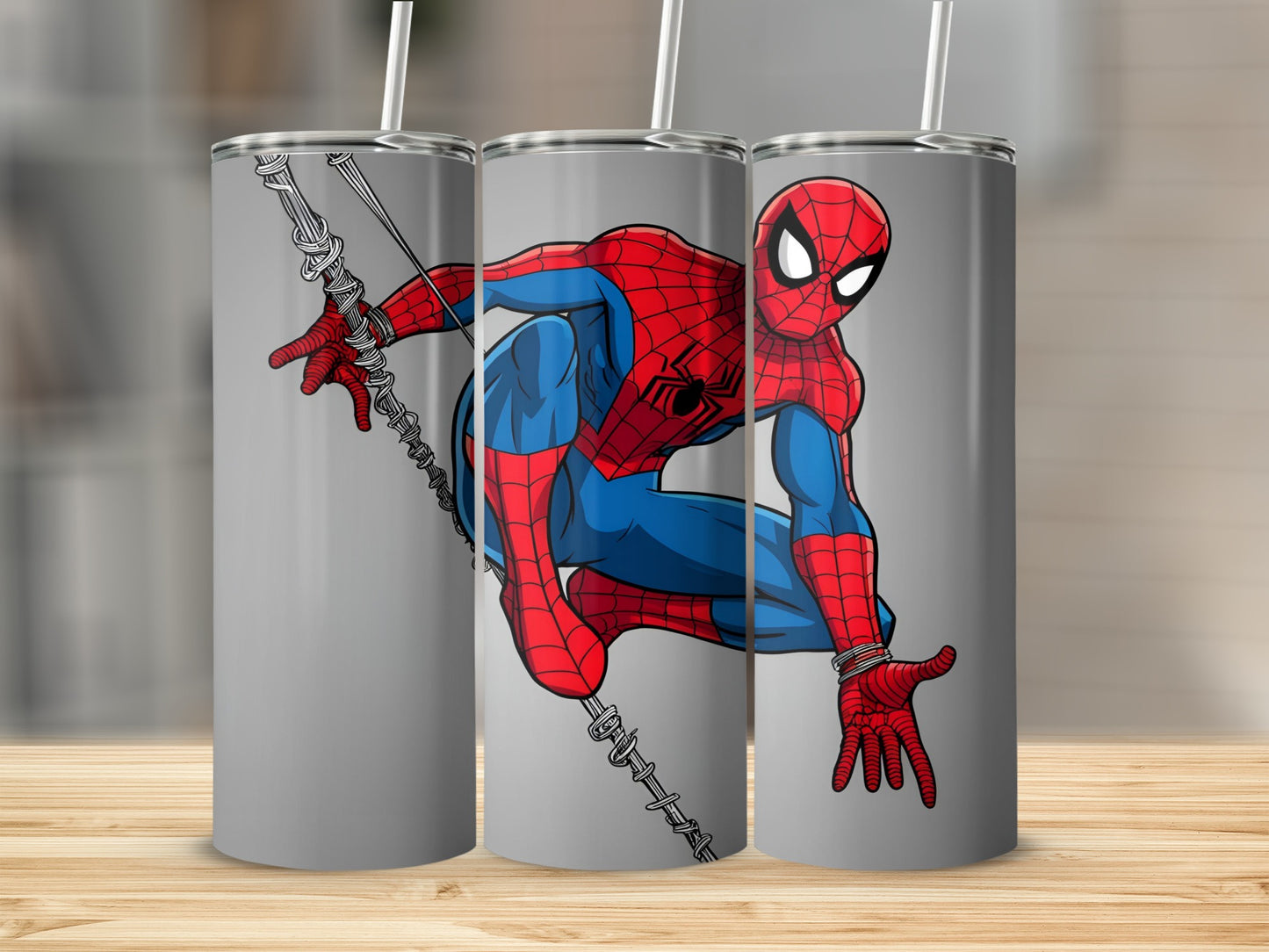 Spider-Man swinging on a web, against a grey background.