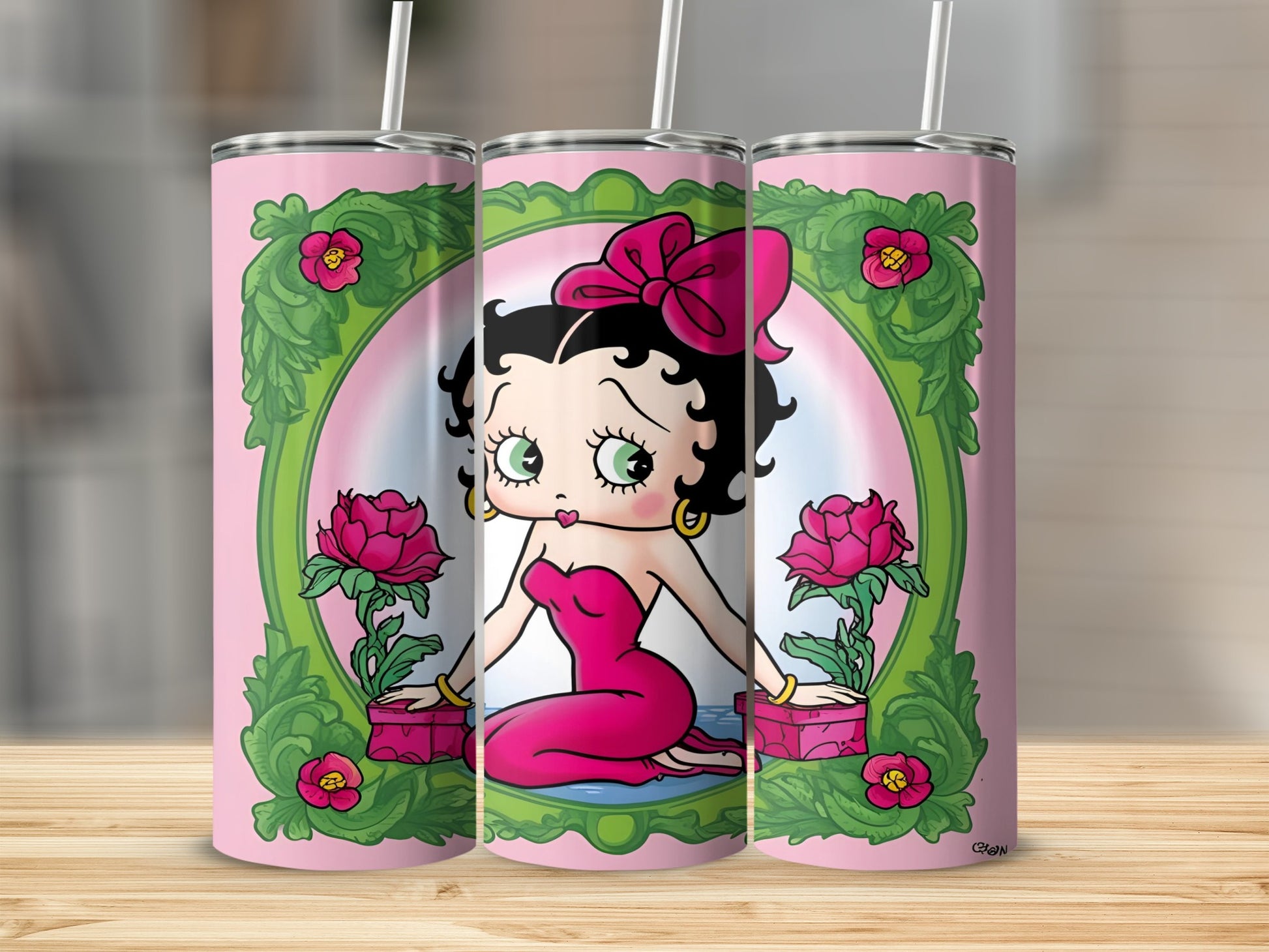 Betty Boop in pink dress with roses, on a pink tumbler.